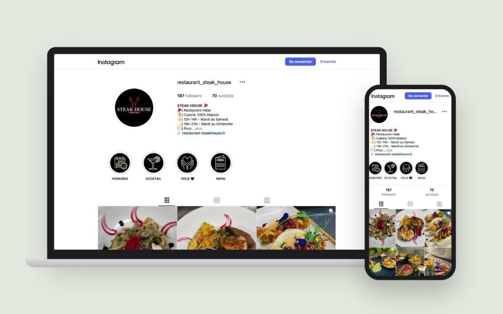 Compte Instagram du restaurant Steak House sur ordinateur et sur téléphone