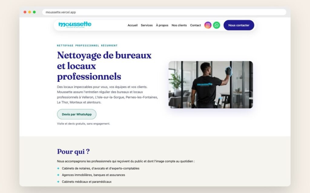Page nettoyage de bureaux du site Moussette