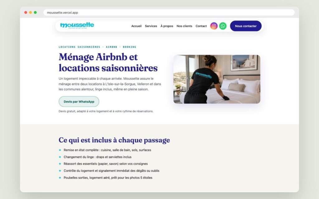 Page ménage Airbnb du site Moussette