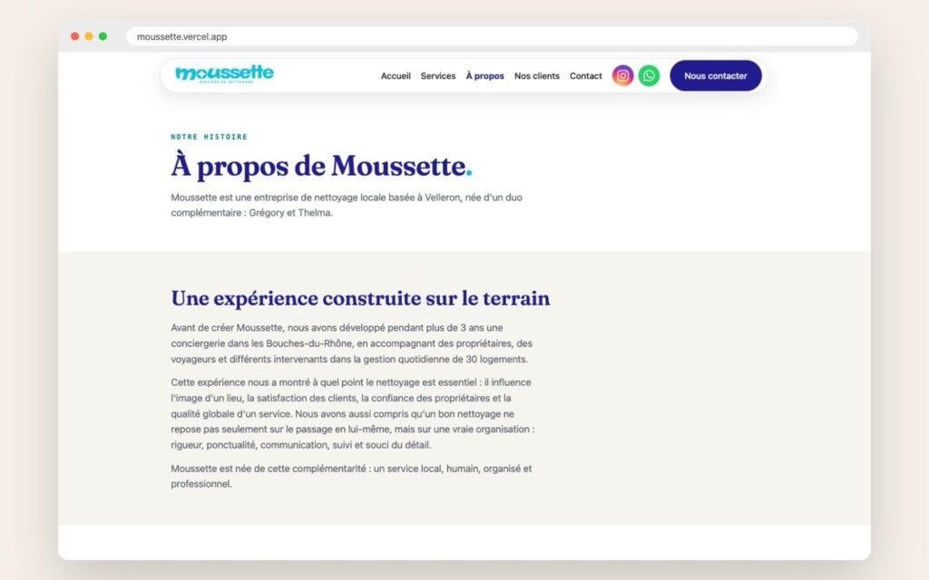 Page à propos du site Moussette