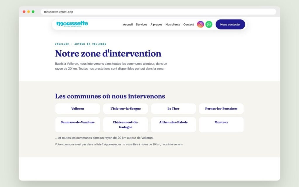 Page zone d’intervention du site Moussette