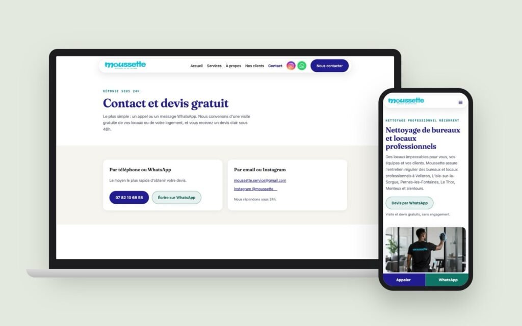 Page contact du site Moussette sur ordinateur et sur téléphone